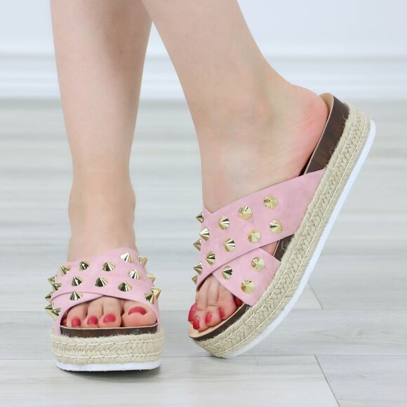 Pink Platform Sandals Nubuck Espadrille Heel Gold Metal Stud Slip On Sliders - Picture 1 of 12